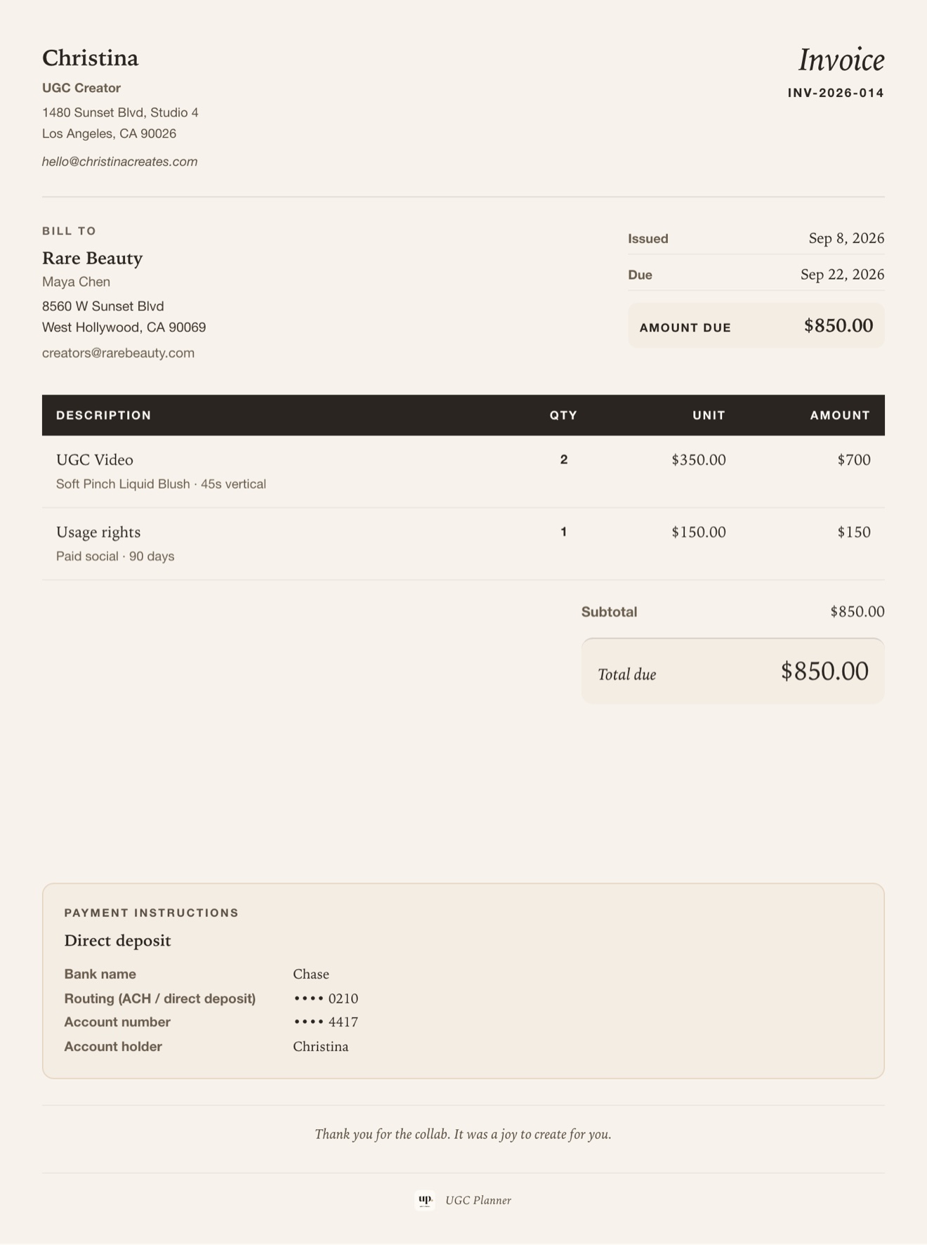 Classic invoice template from UGC Planner