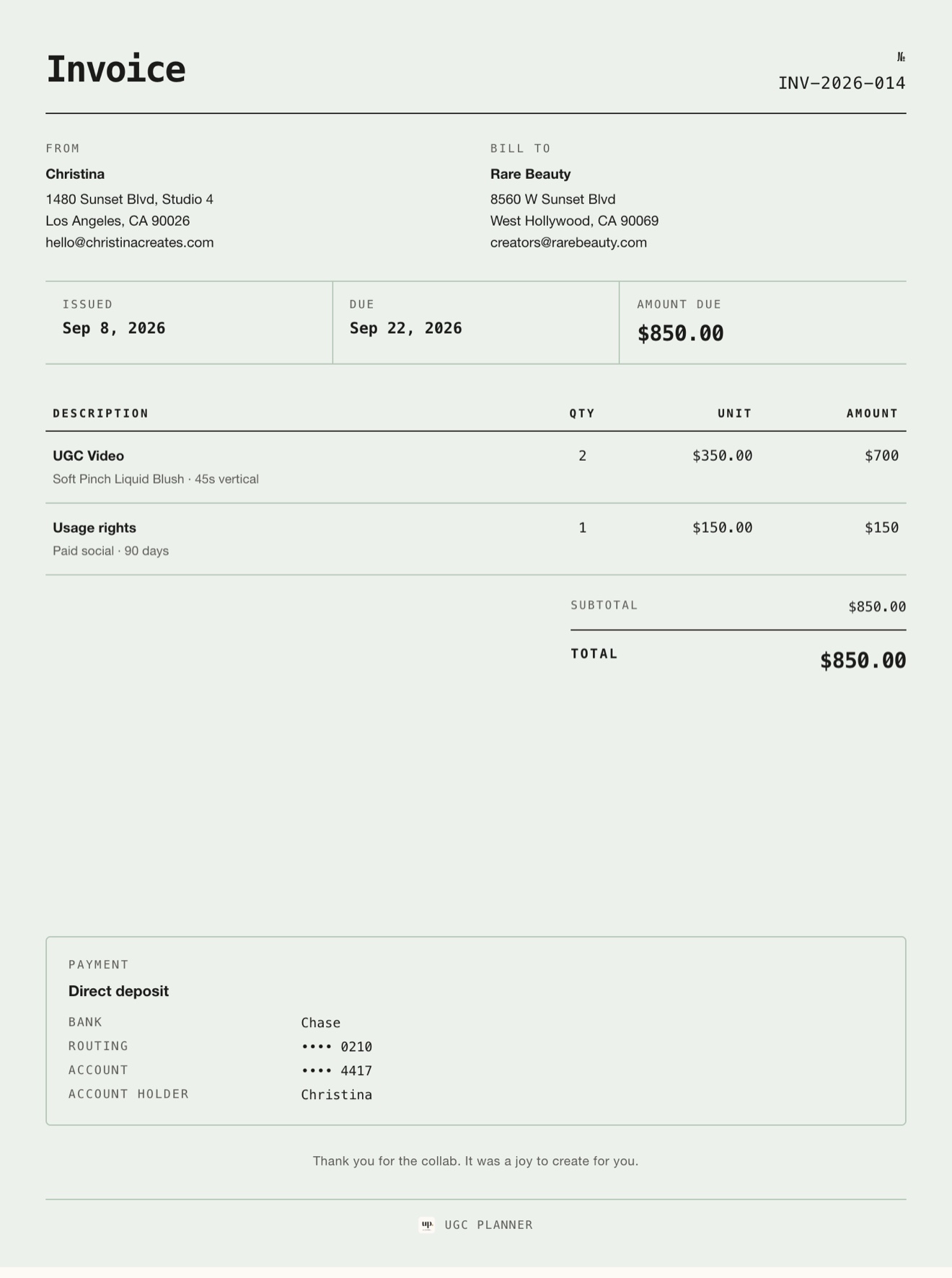 Mono Minimal invoice template from UGC Planner