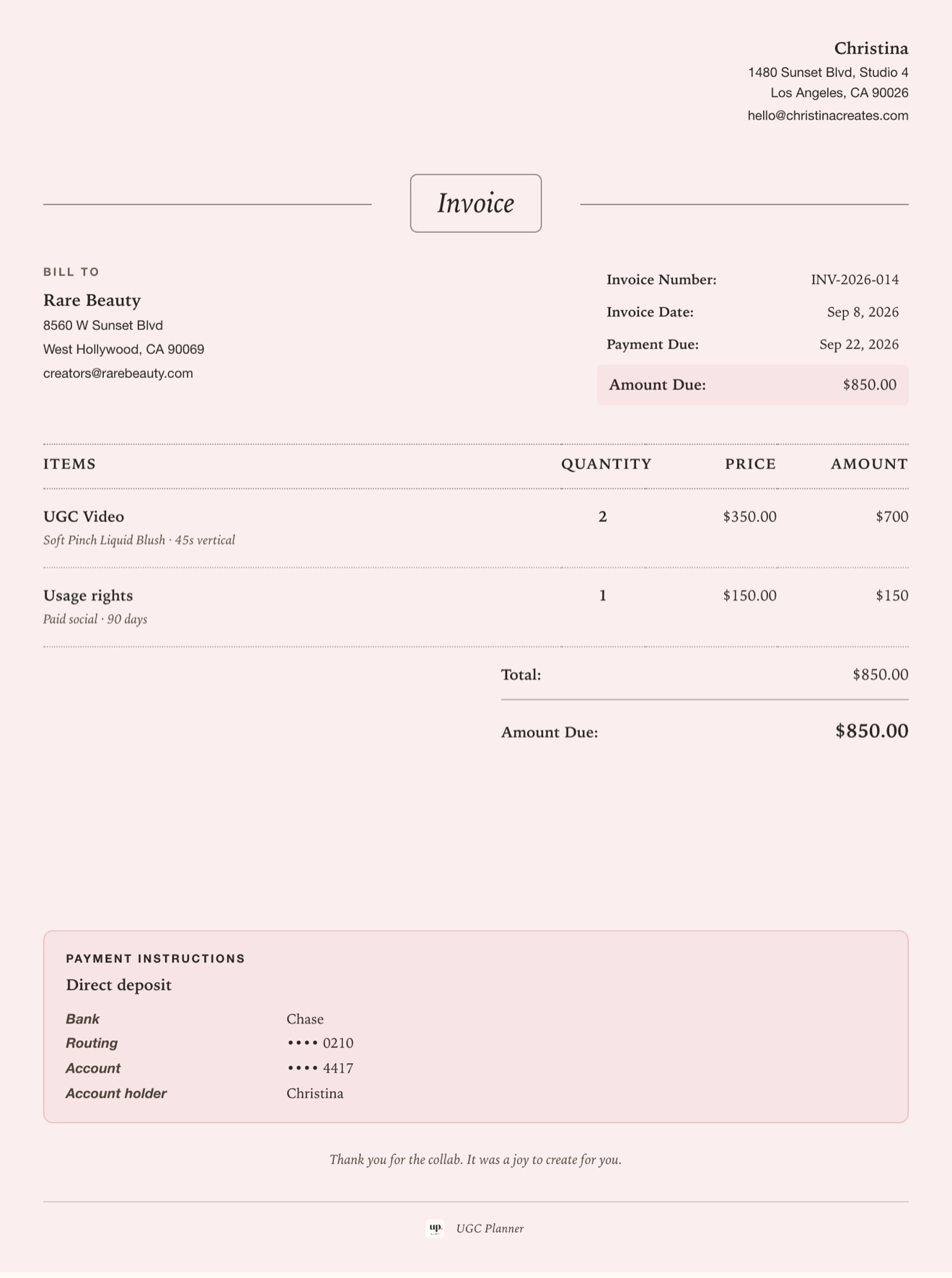 Soft Beauty invoice template from UGC Planner