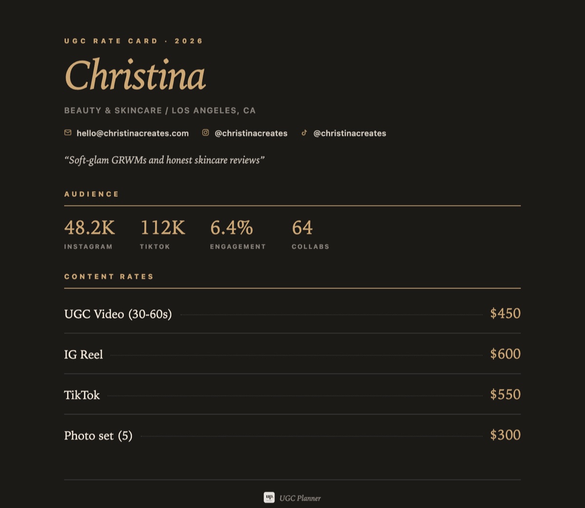 Noir rate card template from UGC Planner
