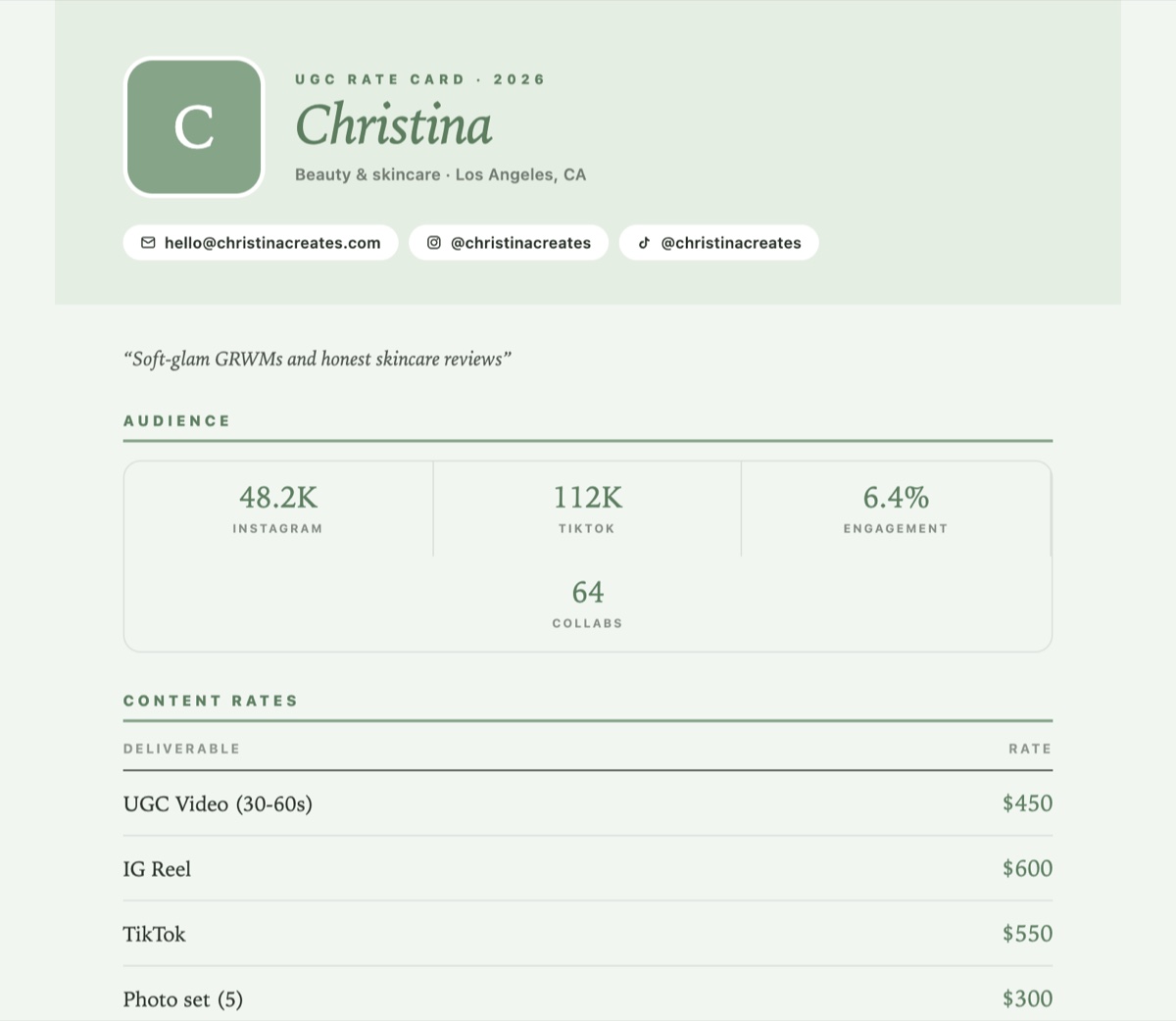 Studio rate card template from UGC Planner