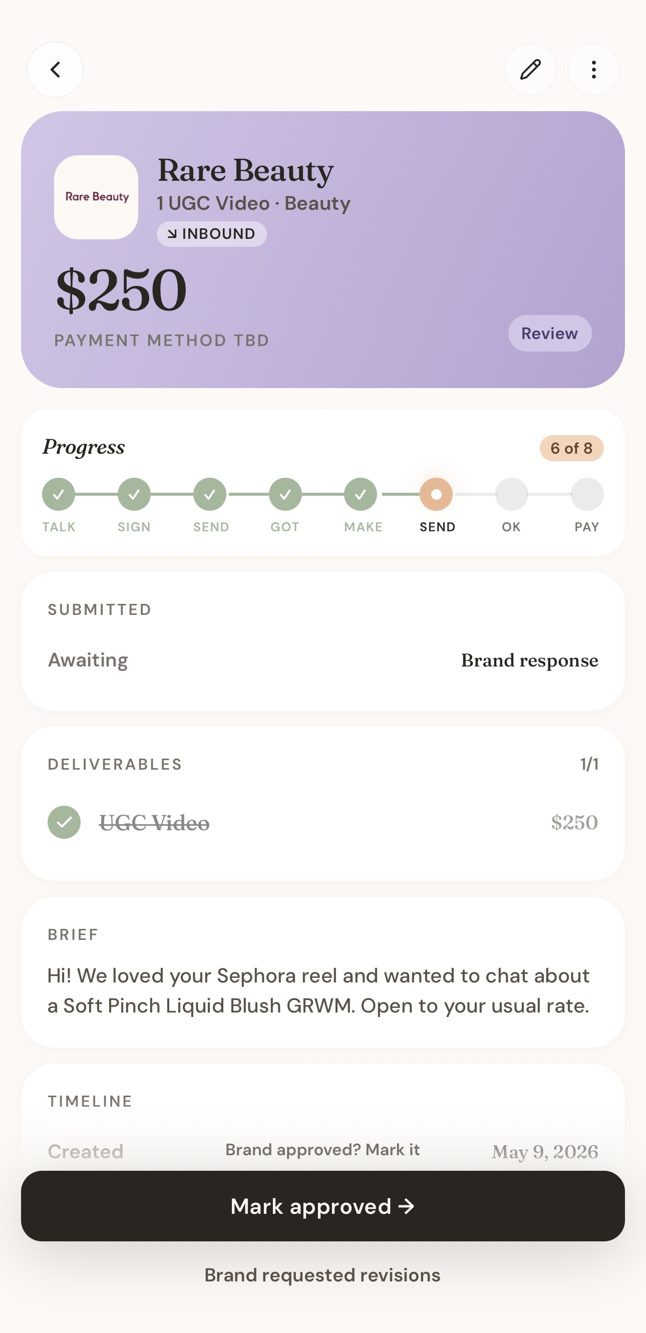 Deal detail with progress ribbon, deliverables and brief