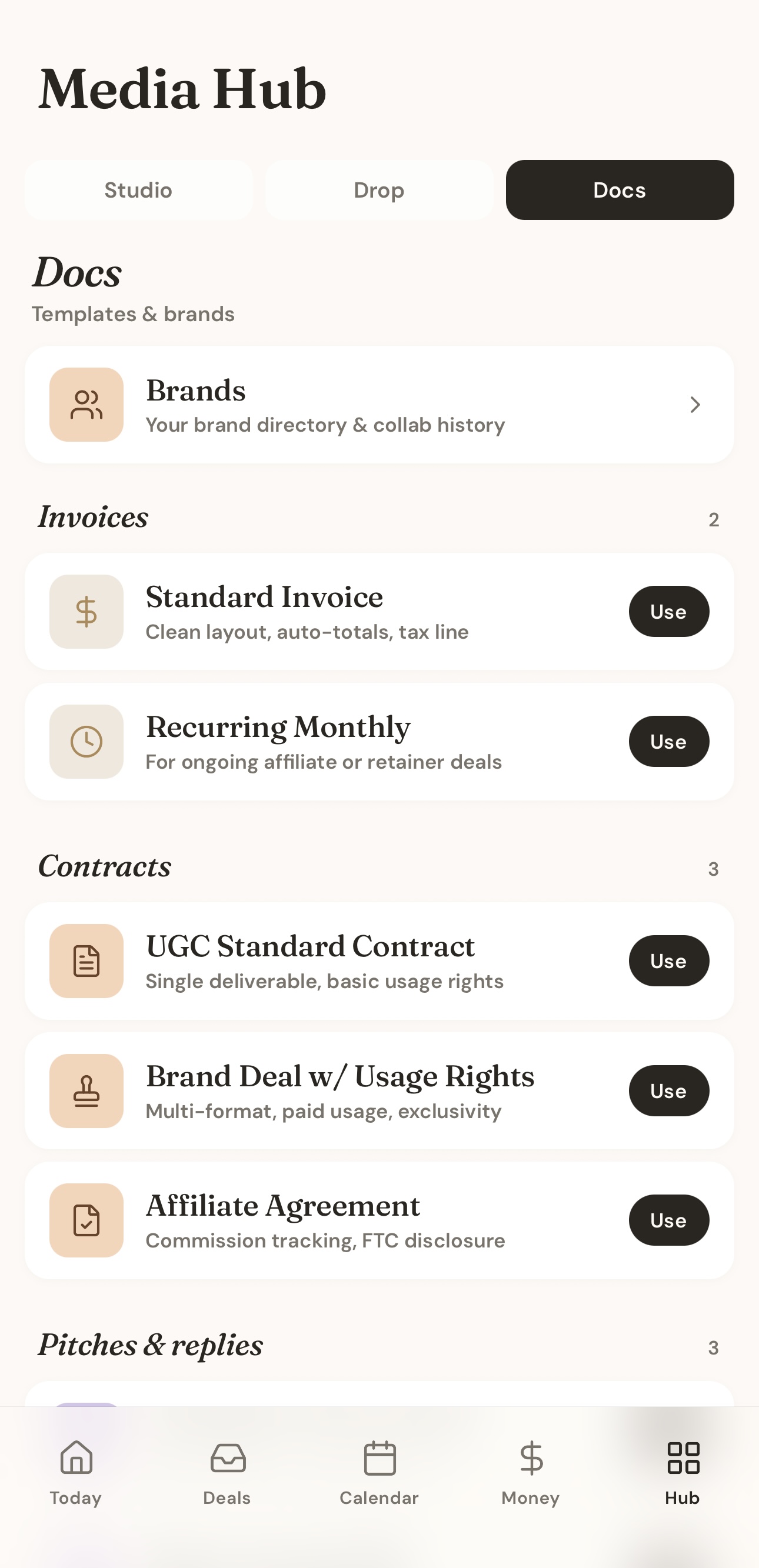 Docs screen with contracts, invoices and AI brief parsing