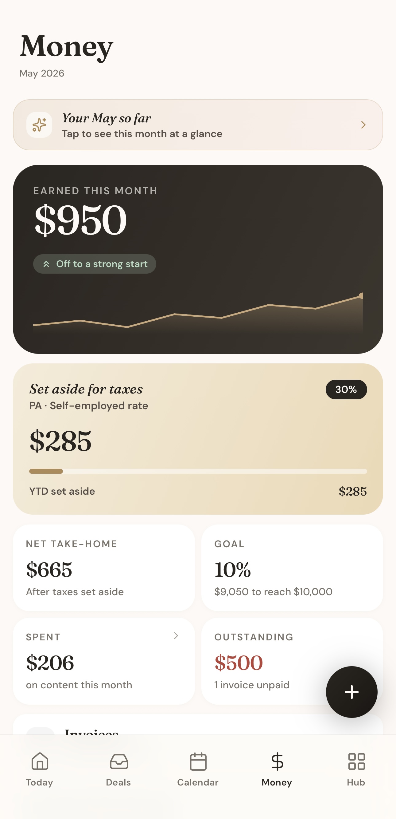 Money screen with goal ring, monthly stats and income mix