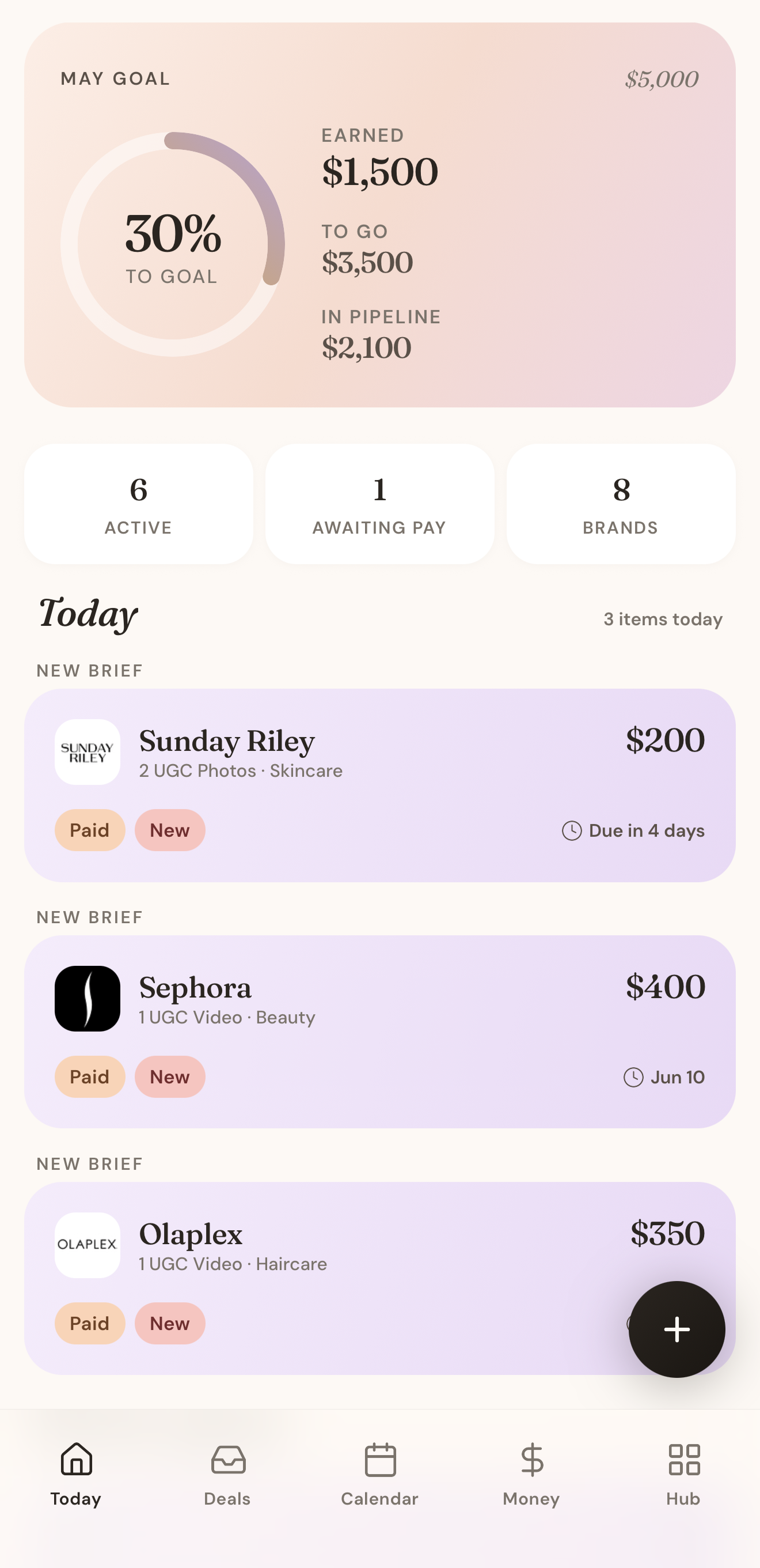 Today screen — May goal, active deals, what to do today